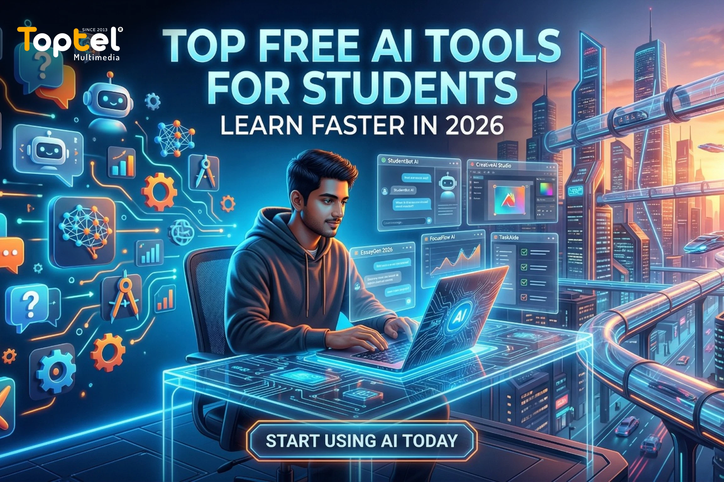student using free AI tools on laptop to learn faster in 2026