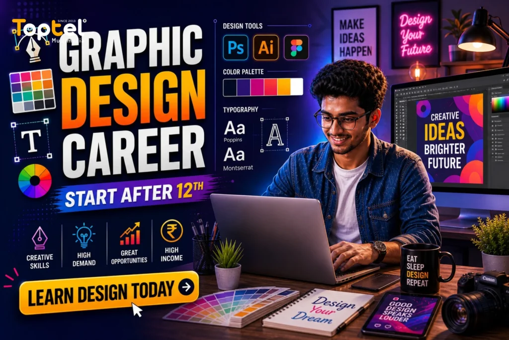 student creating graphic design using Photoshop and Illustrator in creative workspace