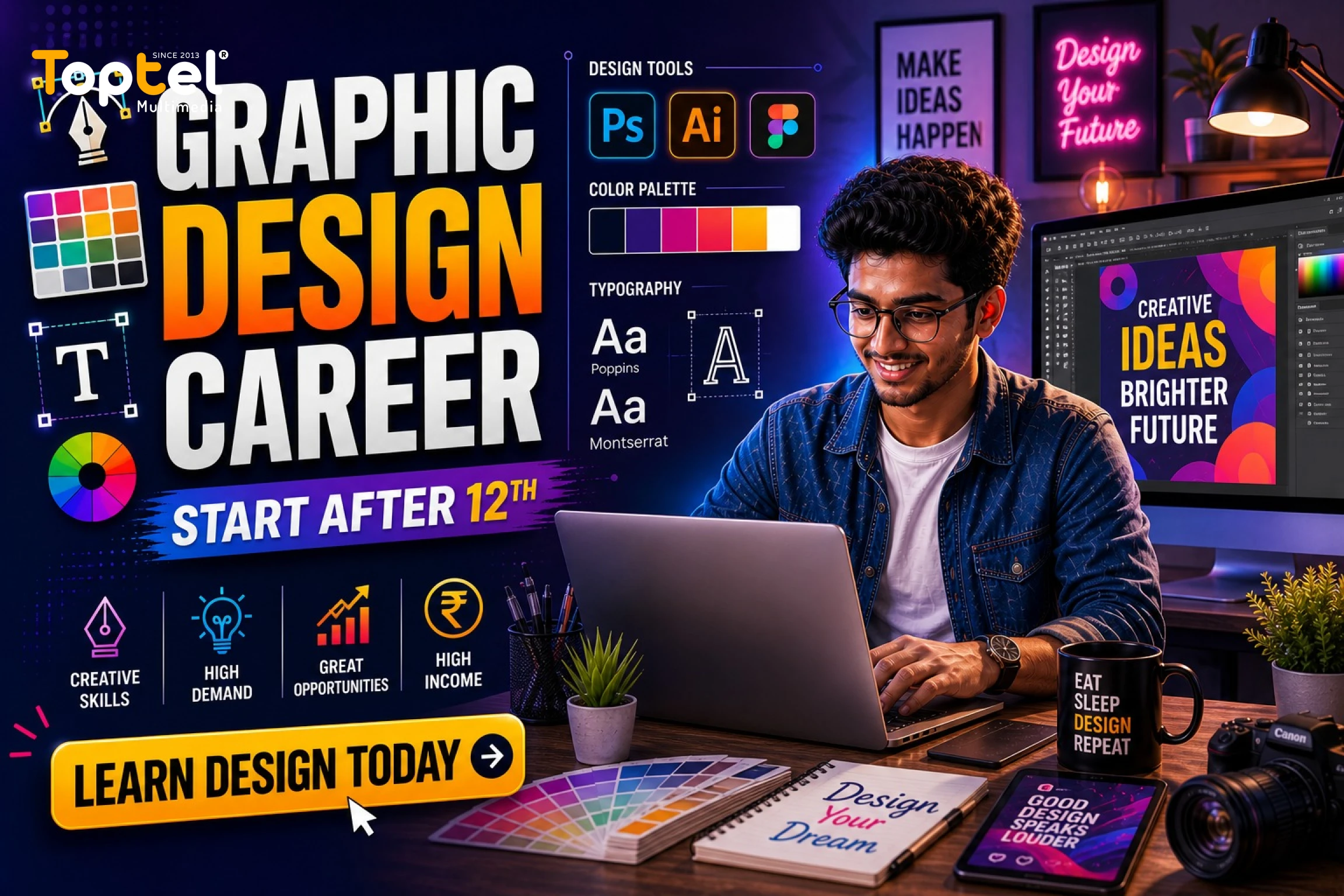 student creating graphic design using Photoshop and Illustrator in creative workspace